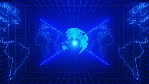 Futuristic world map tunnel visual blue grid walls, glowing Earth center, and gl Stock Footage 340557215