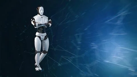 Futuristic world robots are running. Presentation of technology with robots.. 库存插图