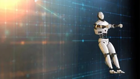 Futuristic world robots are running. Presentation of technology with robots.. Illustration
