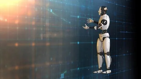 Futuristic world robots are running. Presentation of technology with robots.. Illustrazione stock