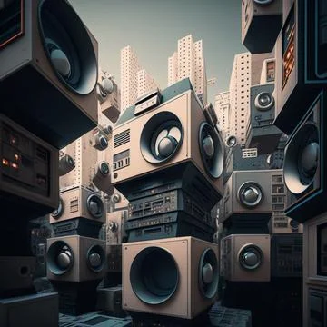 Futuristic world with speakerboxes on street Stock Illustration