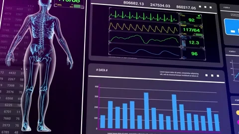 Futuristic X-ray image of a female body and skeleton with health data on a moder Stock Footage 312632879
