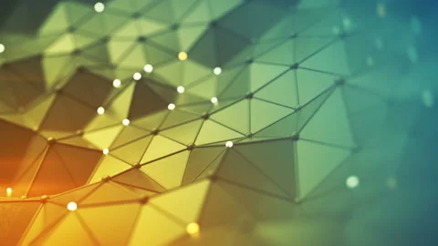 Futuristic yellow blue gradient network shape loopable 3D render animation Stock Footage 134432636