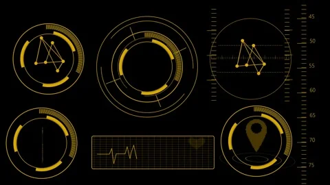 Futuristic yellow HUD interface with circular elements, graphs, and world m.. Stock Footage 259767564