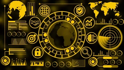 Futuristic Yellow HUD Tech Interface and Digital Globe 4K Stock Footage 340593450
