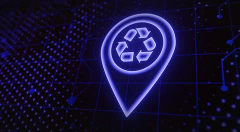 Futuristic zero waste zone concept with purple glow low poly location marker, Stock-Illustration