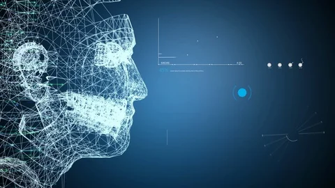 Futuristics mesh human AI and VR face with database HUD scanning information  Stock Footage