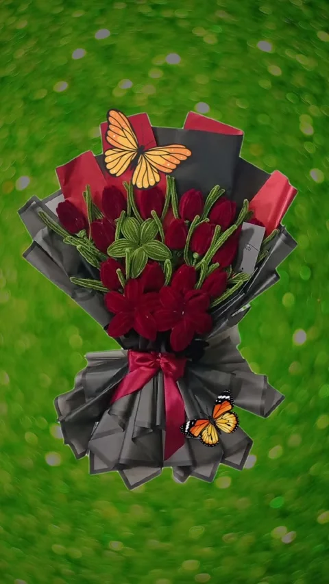 Fuzzy Wire Red Tulips Bouquet with Butterfly Animation Green Glitter Background Stock Footage 346312813