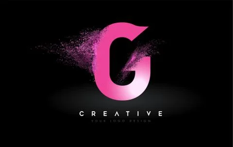 G Letter Logo with Dispersion Effect and Purple Pink Powder Particles Expandi Illustrazione stock