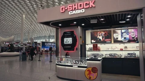 G-SHOCK and Casio Watch Store in Modern International Airport Terminal Video stock 329466880