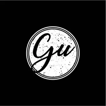 G U Initial Handwriting In Black and White Circle Frame Design Stock Illustration