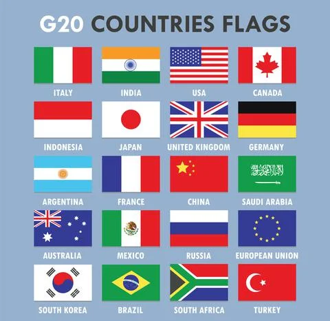 G20 Countries Flags Collection India Russia China France Australia USA Canada Illustrazione stock
