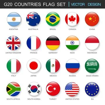 G20 Countries flags  set and members in botton stlye,vector design element il Stock Illustration