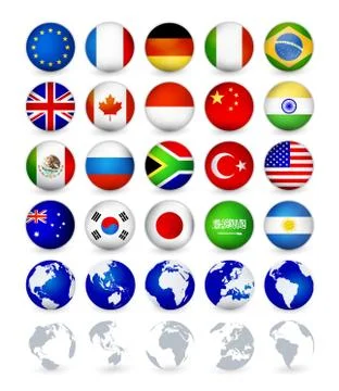 G20 country flags web buttons globes Stock Illustration