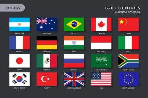 G20 Member Countries Flag Vector Icons Set with Country Names Stock Illustration