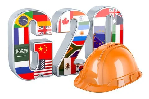 G20 with orange hard hat, 3D rendering Stock Illustration