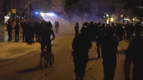 G20 Summit 2017: Night Demonstrators and Police with Water Cannon in Hamburg_4K Stock Footage 315397348