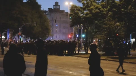 G20 Summit 2017: Night March of Demonstrators and Police in Hamburg, Germany_4K Stock Footage 315397739