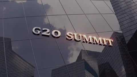 G20 Summit Banner Displayed on Reflective Glass Building Stock-Footage 310823143