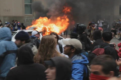 G20 Toronto. Burning police car. Stock Footage