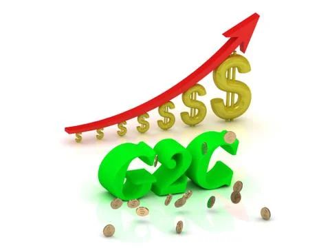 G2C- bright color letters and graphic growing dollars and red arrow on a whit Stock Illustration