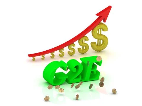 G2E- bright color letters and graphic growing dollars and red arrow on a whit Stock Illustration