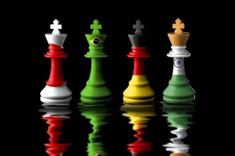 G4 countries flags paint over on chess king. on black background.3D illustrat Stock-Fotos