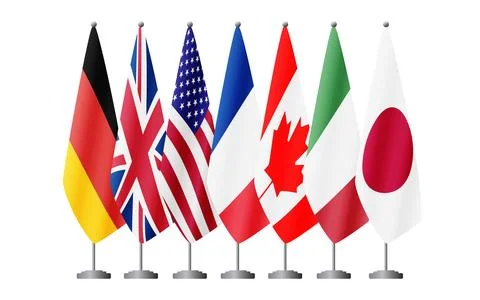 G7 countries flags on flag stands vector 스톡 일러스트