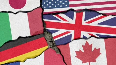 The g7 countries national flags painted on cracked concrete wall. Richest ind Stock Footage 170943790