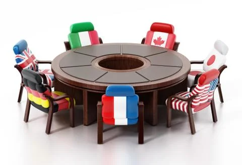 G7 flags standing around round table. 3D illustration Stock Illustration