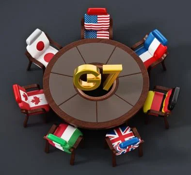 G7 flags standing around round table. 3D illustration Stock Illustration