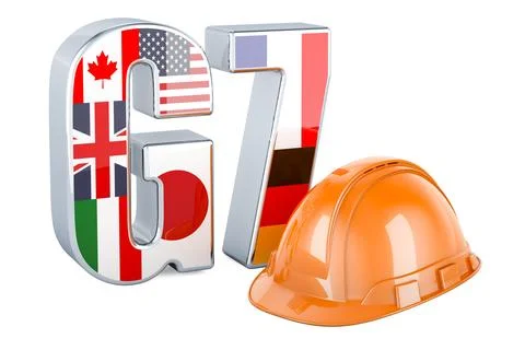 G7 with orange hard hat, 3D rendering Stock Illustration