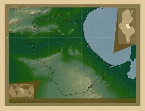 Gabes, Tunisia. Colored elevation map with lakes and rivers Stock Illustration