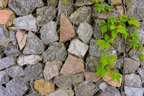 Gabion, texture, background. Wall made of natural rocks and metal fences. Stock Photos