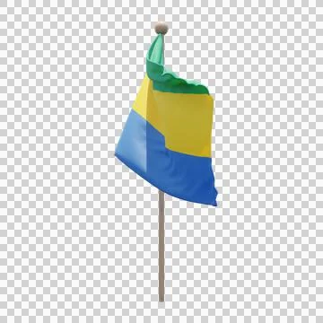 Gabon 3d illustration flag on pole. Wood flagpole Illustrazione stock