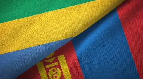 Gabon and Mongolia two flags textile cloth, fabric texture Stock Illustration