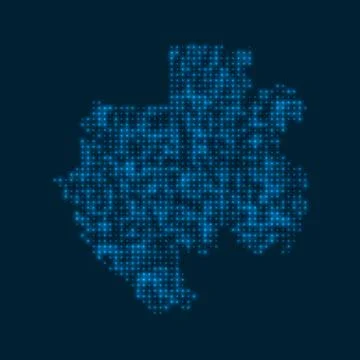 Gabon dotted glowing map. Shape of the country with blue bright bulbs. Vect.. Stock Photos