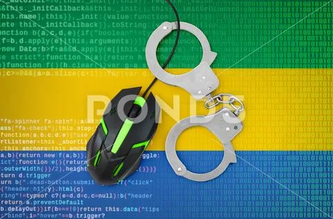Gabon flag and handcuffed computer mouse. Combating computer crime, hackers Stock Photos