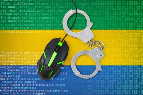 Gabon flag  and handcuffed computer mouse. Combating computer crime, hackers  Stock-Fotos