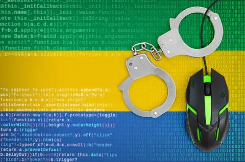Gabon flag  and handcuffed computer mouse. Combating computer crime, hackers  Stock-Fotos