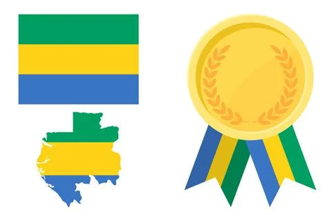 Gabon flag with map and gold medal in set for web and banners or app and game Stock Illustration