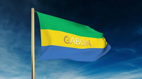 Gabon flag slider style with title. Waving in the wind with cloud background Video stock 48904725