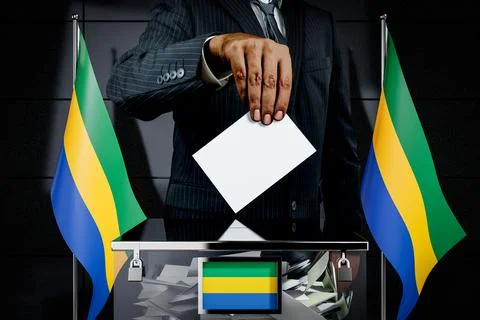 Gabon flags, hand dropping voting card - election concept - 3D illustration Illustration