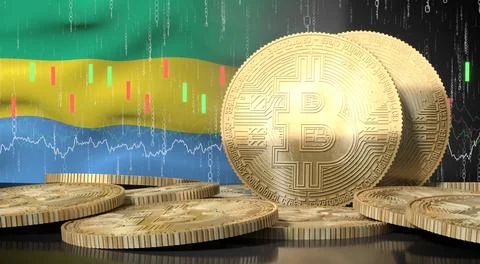 Gabon - golden cryptocurrency bitcoins and financial data - 3D illustration Stock Illustration