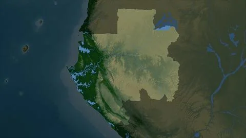 Gabon highlighted on a Colored elevation map with lakes and rivers Illustrazione stock