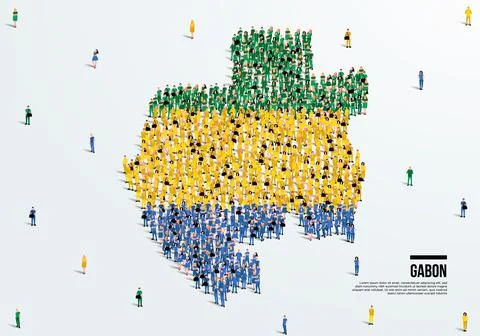 Gabon Map and Flag. A large group of people in the Gabon flag color. 스톡 일러스트