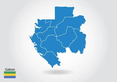 Gabon map design with 3D style. Blue gabon map and National flag. Simple vect Stock Illustration