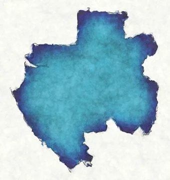 Gabon map with drawn lines and blue watercolor illustration Stockillustratie