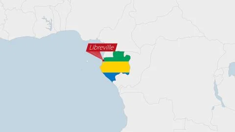 Gabon map highlighted in Gabon flag colors and pin of country capital Libre.. Иллюстрация