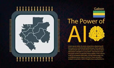 Gabon map with microchip war and AI concept on circuit board, Power of AI w.. Illustrazione stock